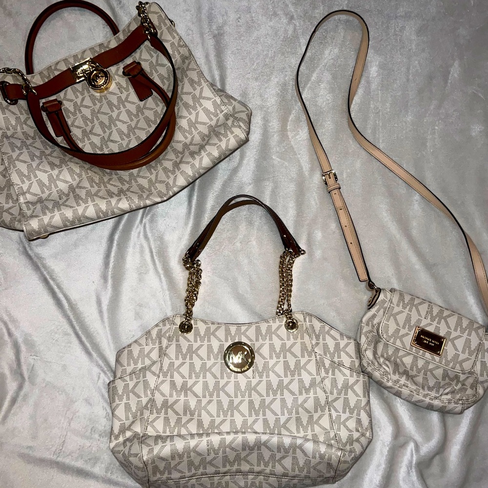MICHAEL KORS… 3-Piece Purse Set… White, Gold, and Brown Leather…with MK Lock